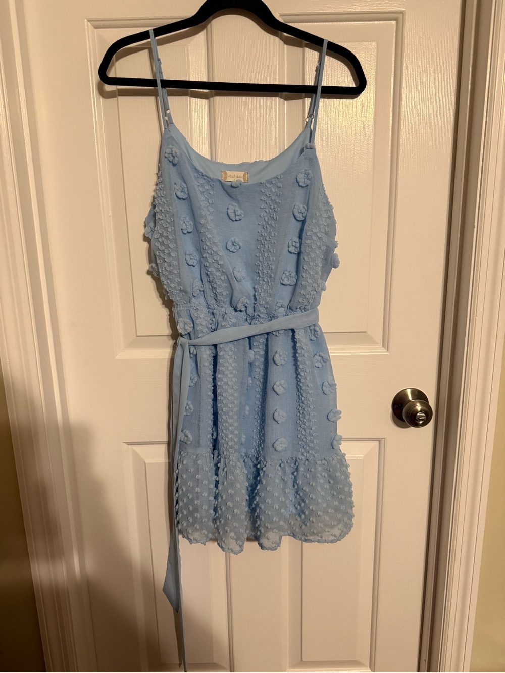 Altar'd State Baby Blue Textured Clip Dot Mini Dress L Matching Waist Tie Belt